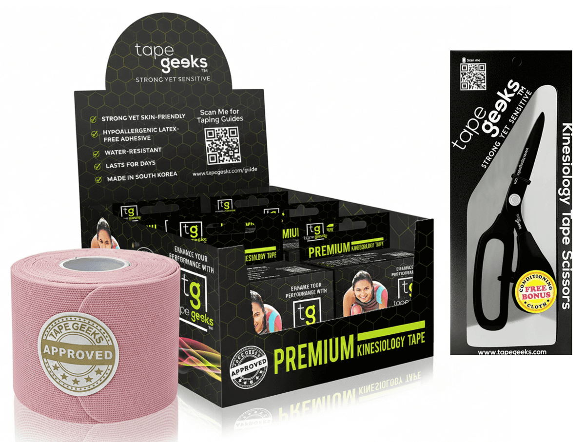 TapeGeeks light pink kinesiology tape pack with six rolls and included scissors for flexible athletic muscle support.