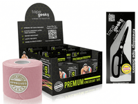 TapeGeeks light pink kinesiology tape pack with six rolls and included scissors for flexible athletic muscle support.