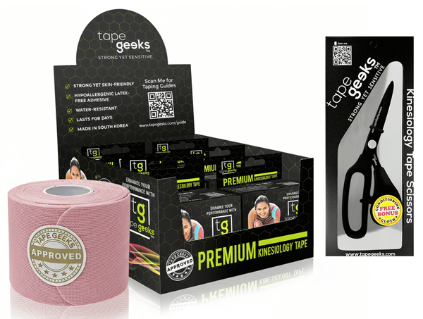TapeGeeks light pink kinesiology tape pack with six rolls and included scissors for flexible athletic muscle support.