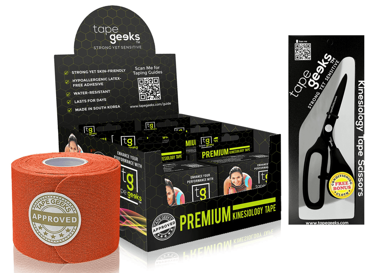 TapeGeeks orange kinesiology tape starter bundle featuring six rolls and durable scissors for muscle pain relief.
