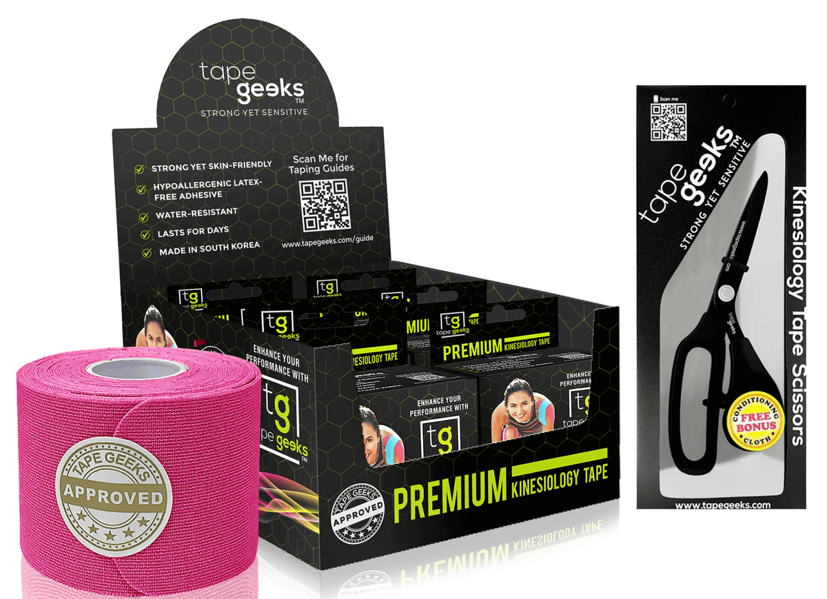 TapeGeeks pink kinesiology tape starter kit with six rolls and pro-grade scissors for athletic support and recovery.
