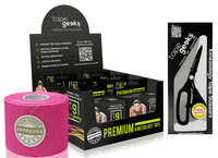TapeGeeks pink kinesiology tape starter kit with six rolls and pro-grade scissors for athletic support and recovery.