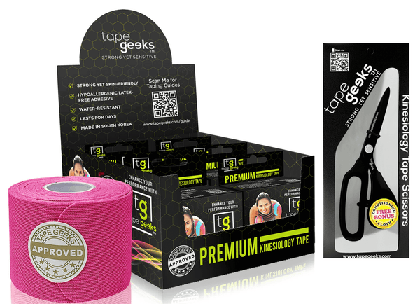 TapeGeeks pink kinesiology tape starter kit with six rolls and pro-grade scissors for athletic support and recovery.