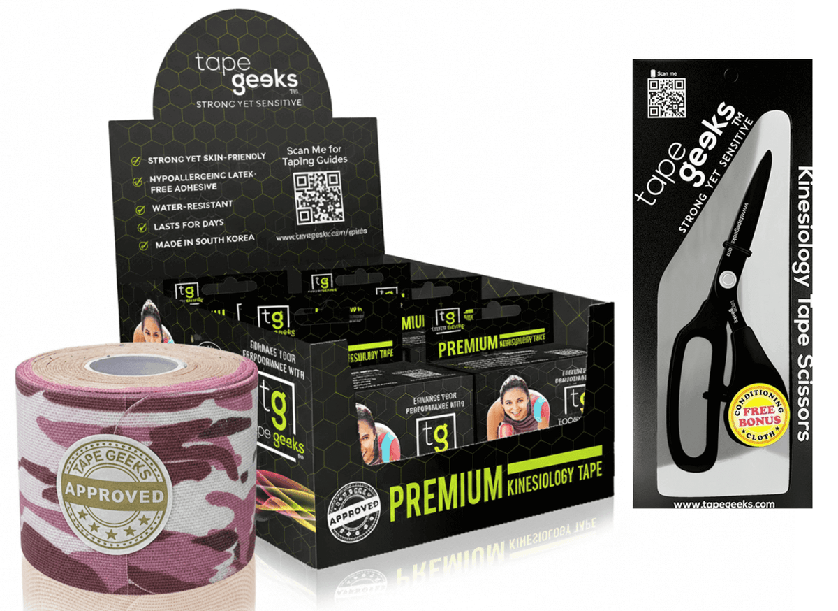 TapeGeeks pink and white camo kinesiology tape six-pack kit with precision scissors, perfect for sports taping needs.
