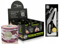 TapeGeeks pink and white camo kinesiology tape six-pack kit with precision scissors, perfect for sports taping needs.