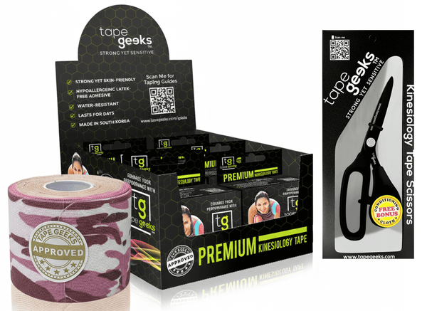 TapeGeeks pink and white camo kinesiology tape six-pack kit with precision scissors, perfect for sports taping needs.