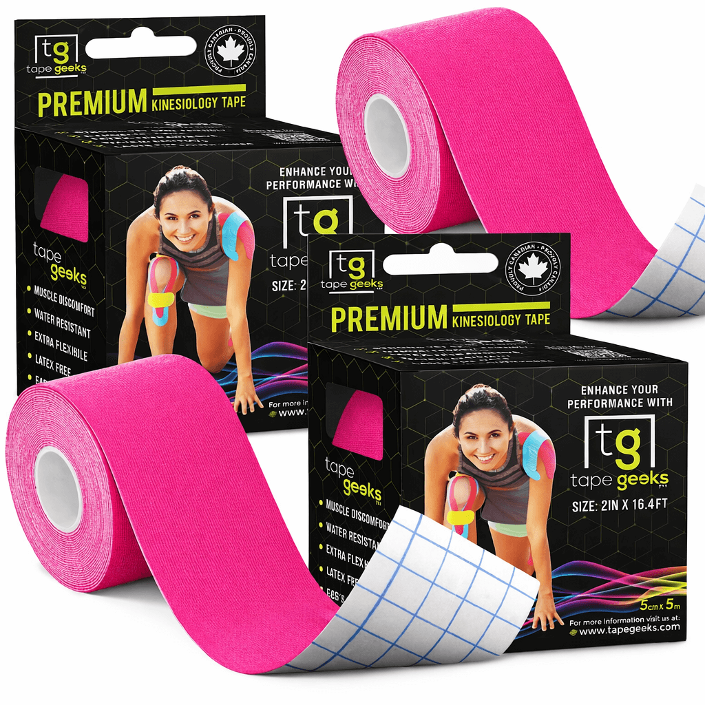 TapeGeeks premium kinesiology tape 2-pack in pink, shown with retail box, for joint and muscle support, latex-free.
