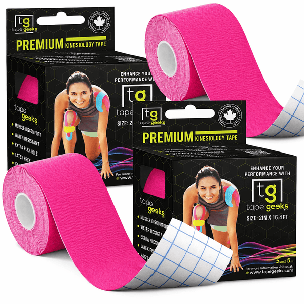 TapeGeeks premium kinesiology tape 2-pack in pink, shown with retail box, for joint and muscle support, latex-free.