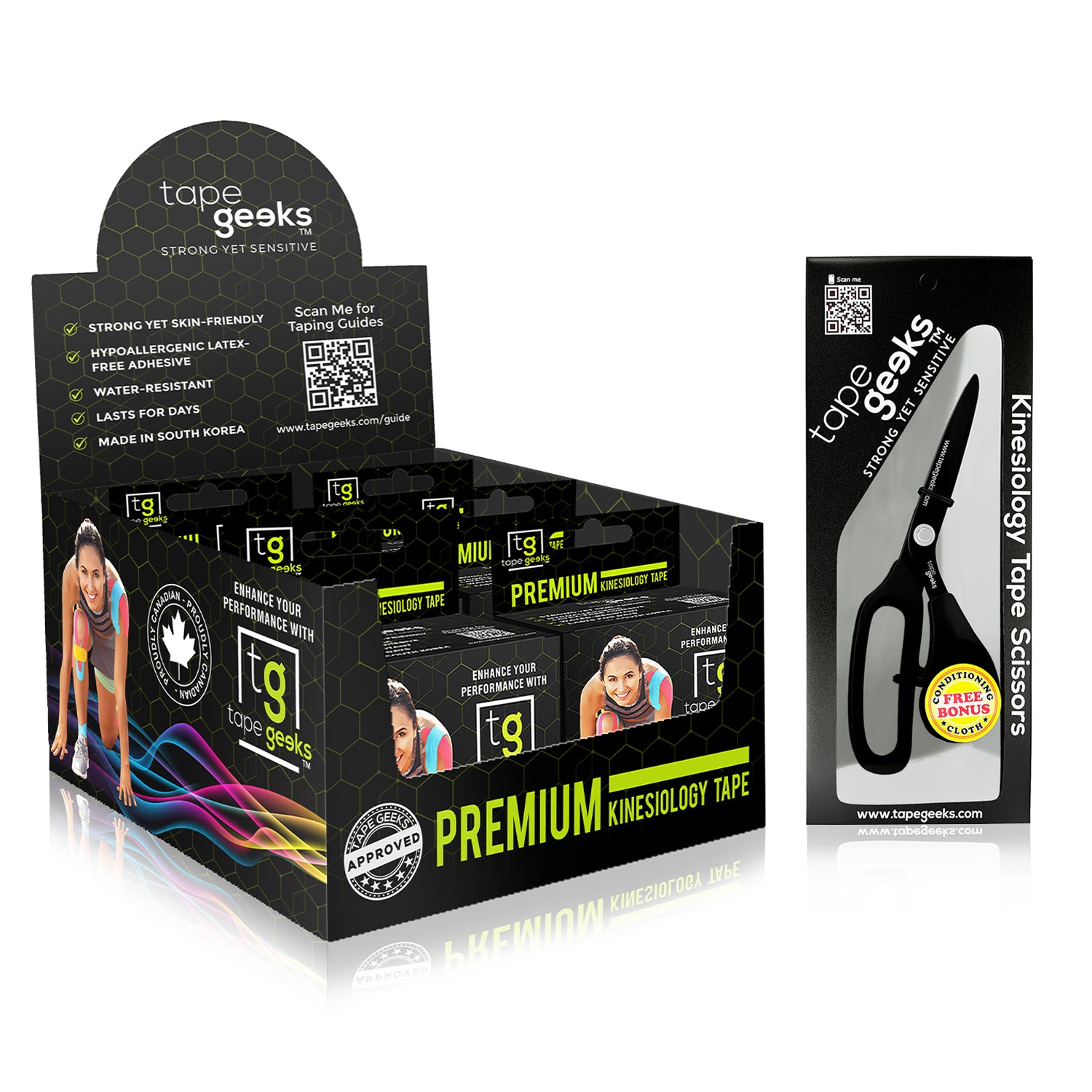 TapeGeeks premium kinesiology tape multi-pack in display box, ideal for athletic muscle support and sports therapy. TapeGeeks black kinesiology tape scissors with ergonomic handle for precision cutting, includes bonus cleaning cloth.

