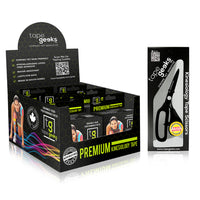 TapeGeeks premium kinesiology tape multi-pack in display box, ideal for athletic muscle support and sports therapy. TapeGeeks black kinesiology tape scissors with ergonomic handle for precision cutting, includes bonus cleaning cloth.