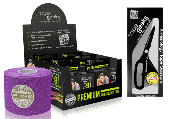 TapeGeeks purple kinesiology tape six-pack with scissors for muscle relief and all-purpose athletic taping support.