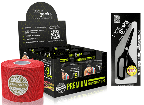 TapeGeeks red kinesiology tape 6-roll kit and scissors for sports recovery, injury prevention, and active lifestyles.