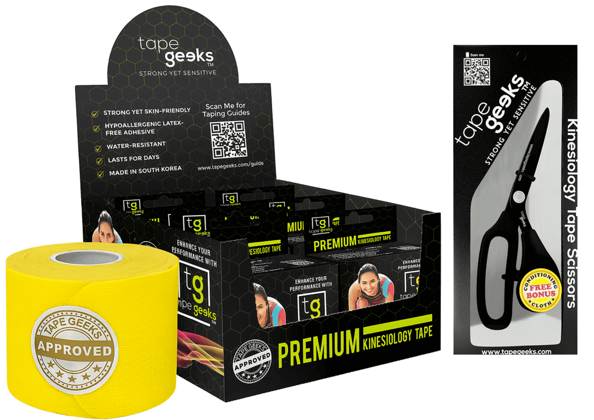 TapeGeeks yellow kinesiology tape 6-pack with strong elastic tape and Japanese steel scissors for sports taping.