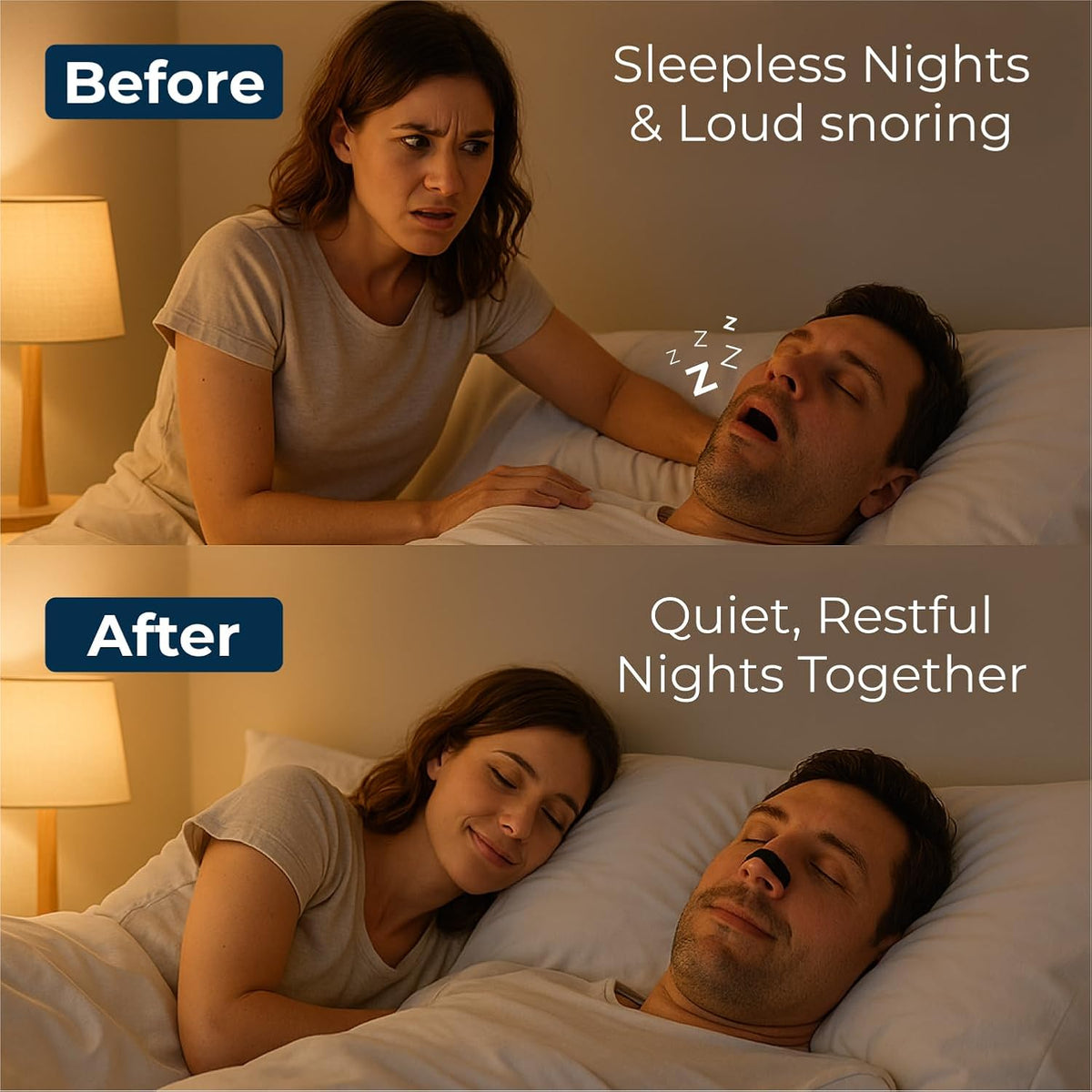 Before and after comparison showing how TapeGeeks Adult Nasal Strips can help reduce snoring caused by nasal congestion, supporting quieter, more restful sleep for couples.