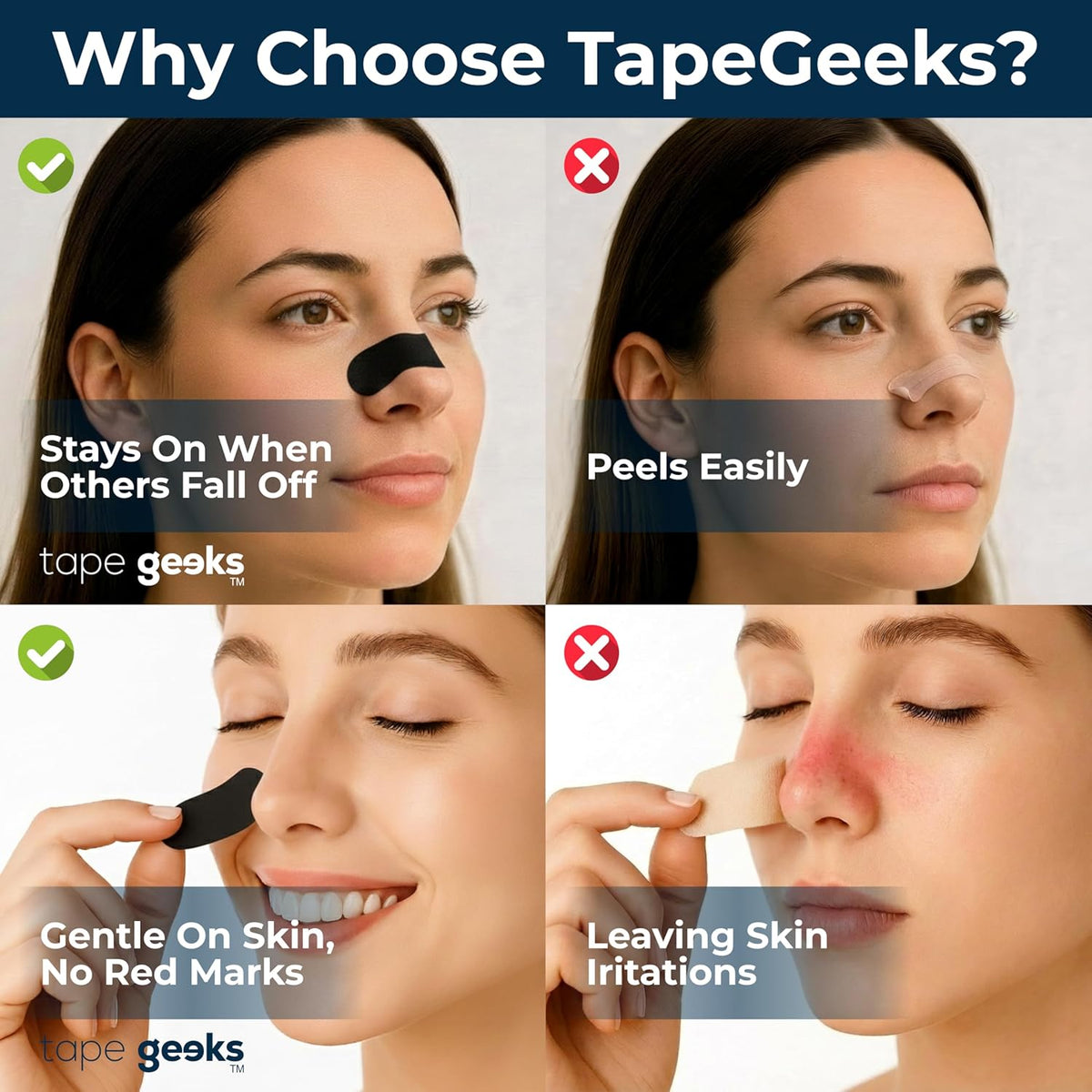 Comparison highlighting TapeGeeks Adult Nasal Strips with strong medical-grade adhesive that stays in place, removes gently, and helps reduce skin irritation compared with ordinary nasal strips.