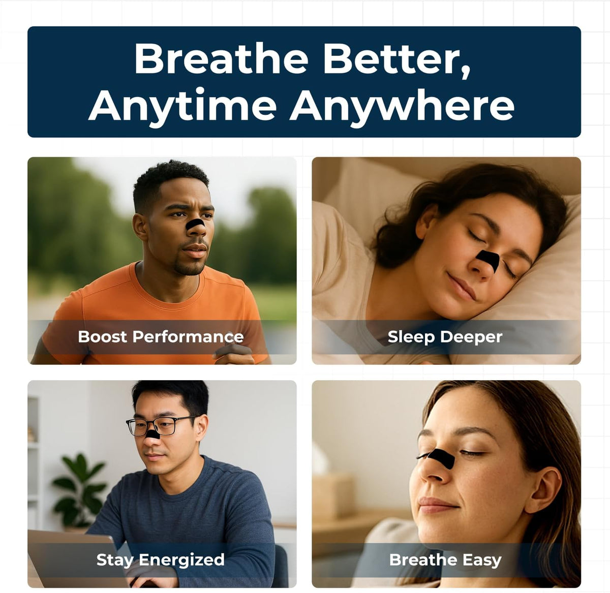 Collage showing TapeGeeks Adult Nasal Strips helping improve nasal breathing during running, sleeping, work, travel, and everyday activities with drug-free airflow support.
