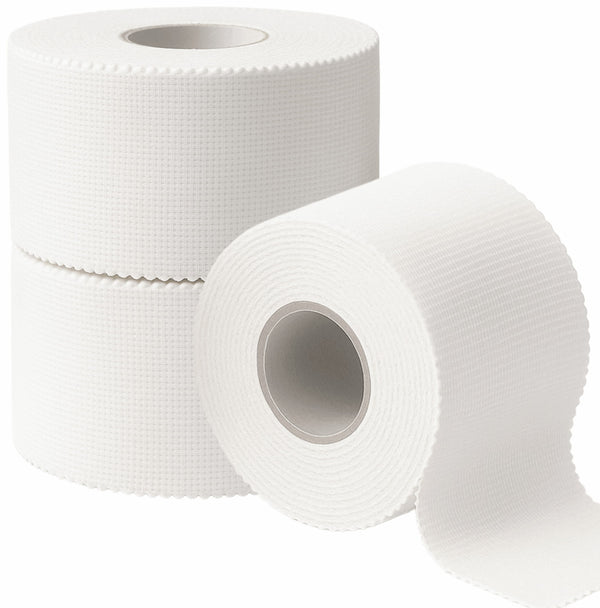 tapegeeks-athletic-sports-tape-white-3-pack-premium-sports-support-tape
Three rolls of TapeGeeks athletic sports tape in white, with one roll partially unrolled, showing the textured cotton material designed for strong support, easy tearing, and reliable joint stability.