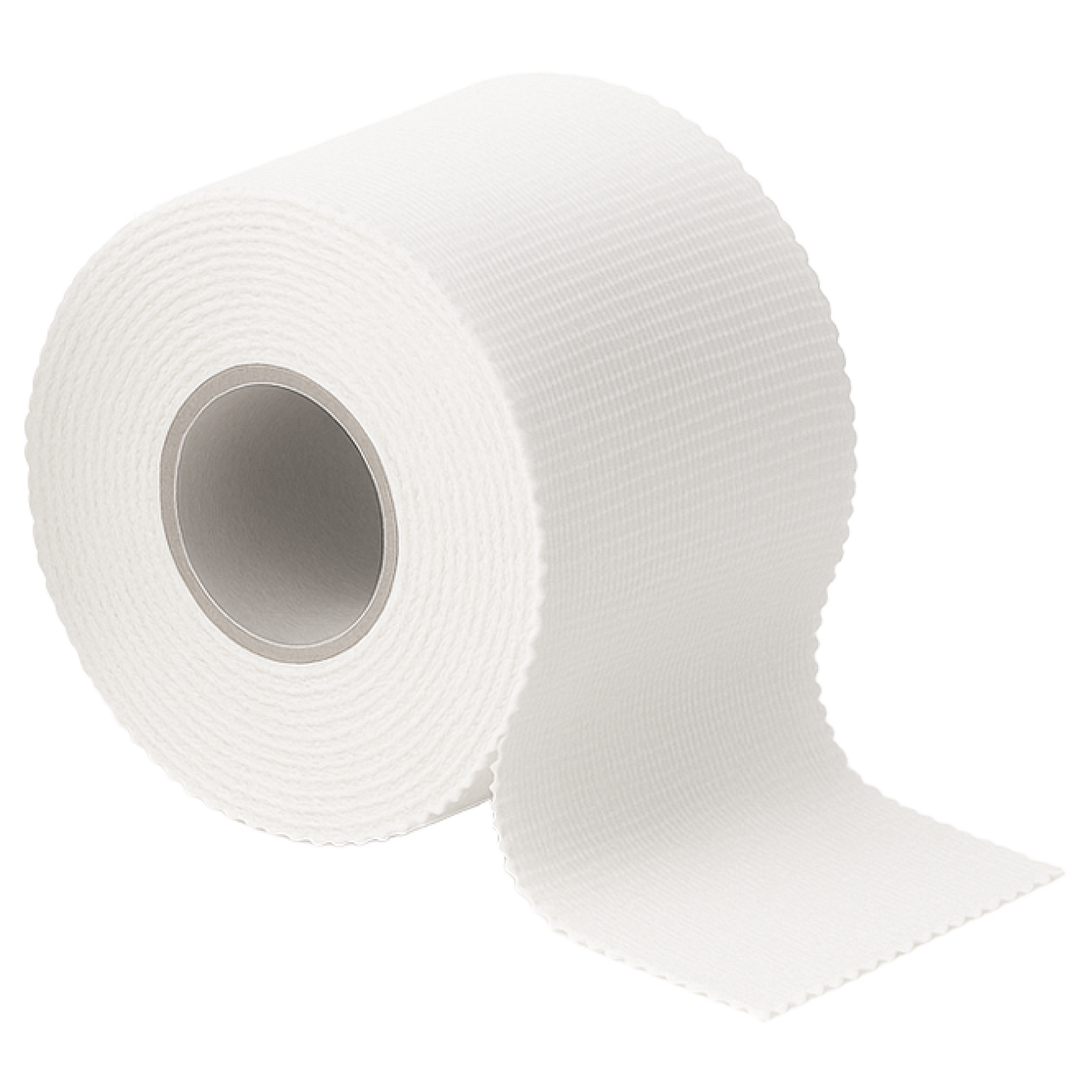 Single roll of TapeGeeks white athletic sports tape with the end unrolled, displaying the serrated edges and durable cotton weave used for secure taping of ankles, wrists, fingers, and other joints.
