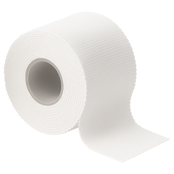 Single roll of TapeGeeks white athletic sports tape with the end unrolled, displaying the serrated edges and durable cotton weave used for secure taping of ankles, wrists, fingers, and other joints.