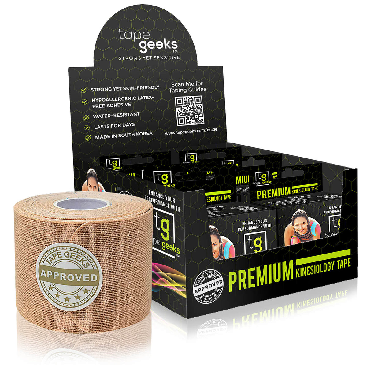 Beige TapeGeeks kinesiology tape provides subtle, natural-looking muscle and joint support for athletes