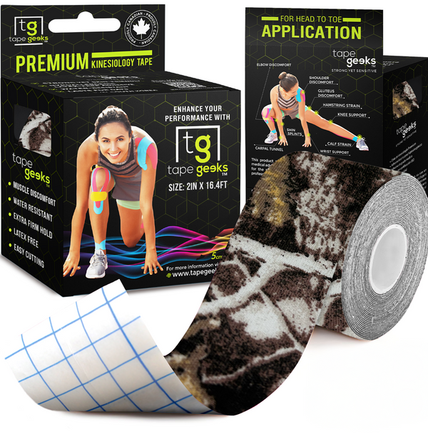 Brown bion-camo TapeGeeks kinesiology tape roll displayed with product box, offering strong adhesion and skin-friendly support for workouts and recovery.