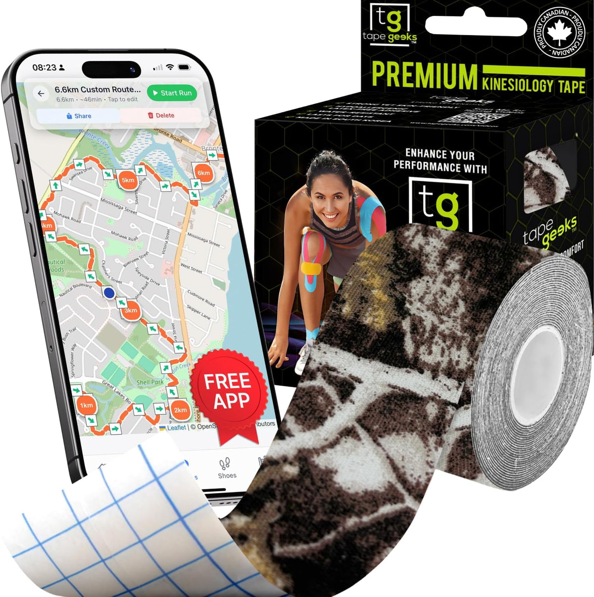 Brown bion-camo TapeGeeks kinesiology tape roll displayed with product box, offering strong adhesion and skin-friendly support for workouts and recovery.
