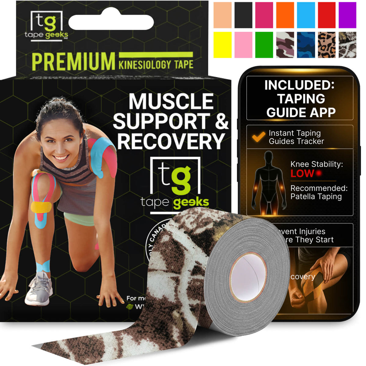 TapeGeeks 2-inch bionic camouflage kinesiology tape with durable, water-resistant adhesive that supports muscles and joints while promoting recovery during intense workouts, swimming, and outdoor sports.
