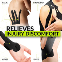Black kinesiology tape by TapeGeeks shown on back, shoulder, wrist, and knee for injury discomfort relief and support.