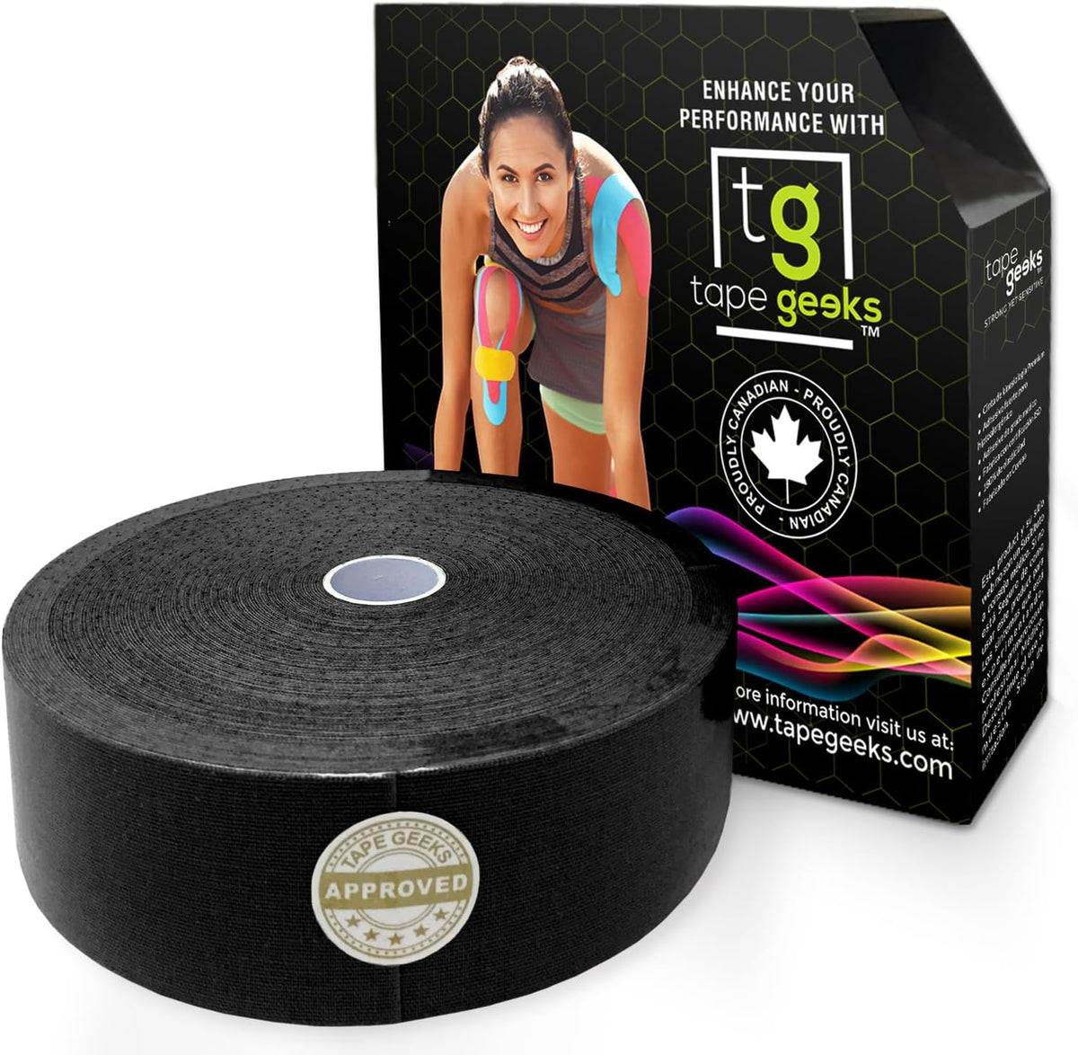 TapeGeeks 2-inch black bulk kinesiology tape roll with packaging, professional-grade support for muscles and joints.
