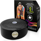 TapeGeeks 2-inch black bulk kinesiology tape roll with packaging, professional-grade support for muscles and joints.
