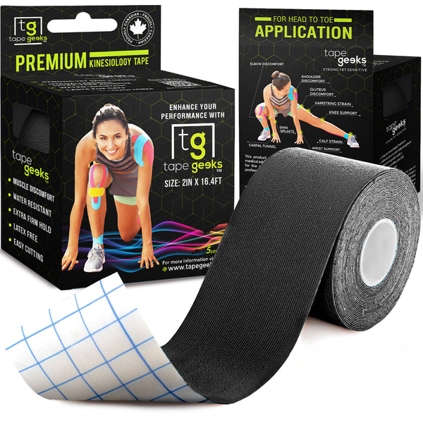 Black TapeGeeks 2-inch kinesiology tape roll with product box, offering strong yet skin-sensitive support for athletes and active users.