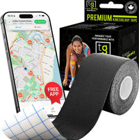 Black TapeGeeks 2-inch kinesiology tape roll with product box, offering strong yet skin-sensitive support for athletes and active users.