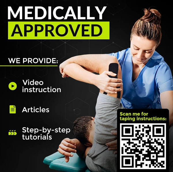 Therapist applying black TapeGeeks kinesiology tape on patient’s elbow, medically approved with step-by-step taping resources.