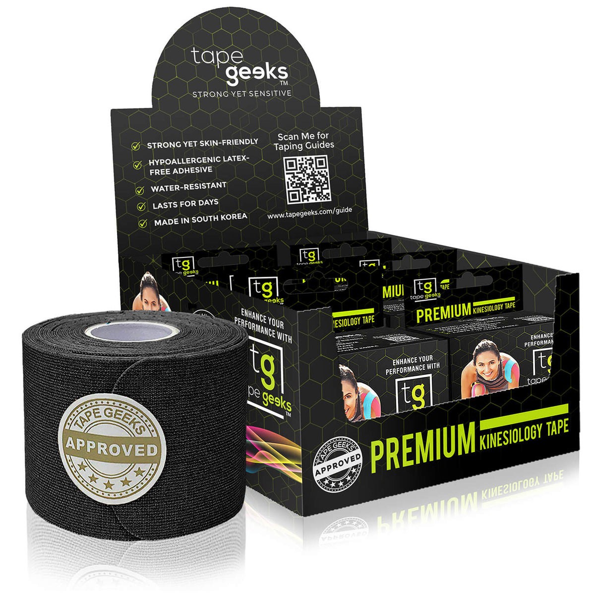 Black TapeGeeks premium kinesiology tape roll offers versatile athletic support and muscle recovery.