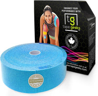 TapeGeeks 2-inch blue bulk kinesiology tape roll with box, premium tape for extended athletic, joint, and muscle recovery support.