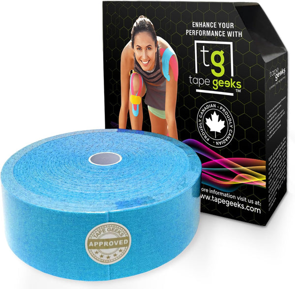 TapeGeeks 2-inch blue bulk kinesiology tape roll with box, premium tape for extended athletic, joint, and muscle recovery support.