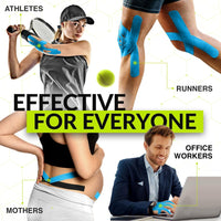 Blue TapeGeeks kinesiology tape bulk roll shown on athletes, runners, mothers, and office workers for versatile support.