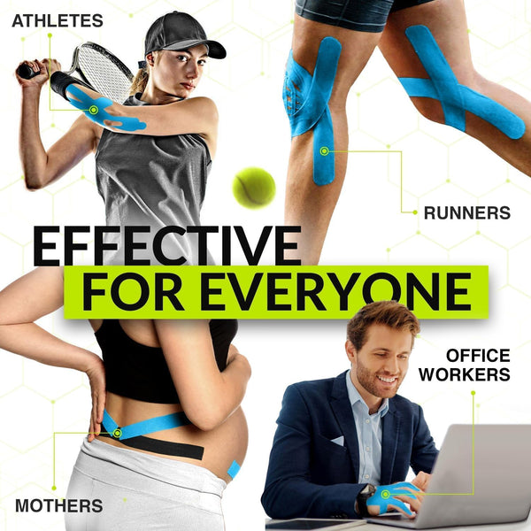 Blue TapeGeeks kinesiology tape bulk roll shown on athletes, runners, mothers, and office workers for versatile support.