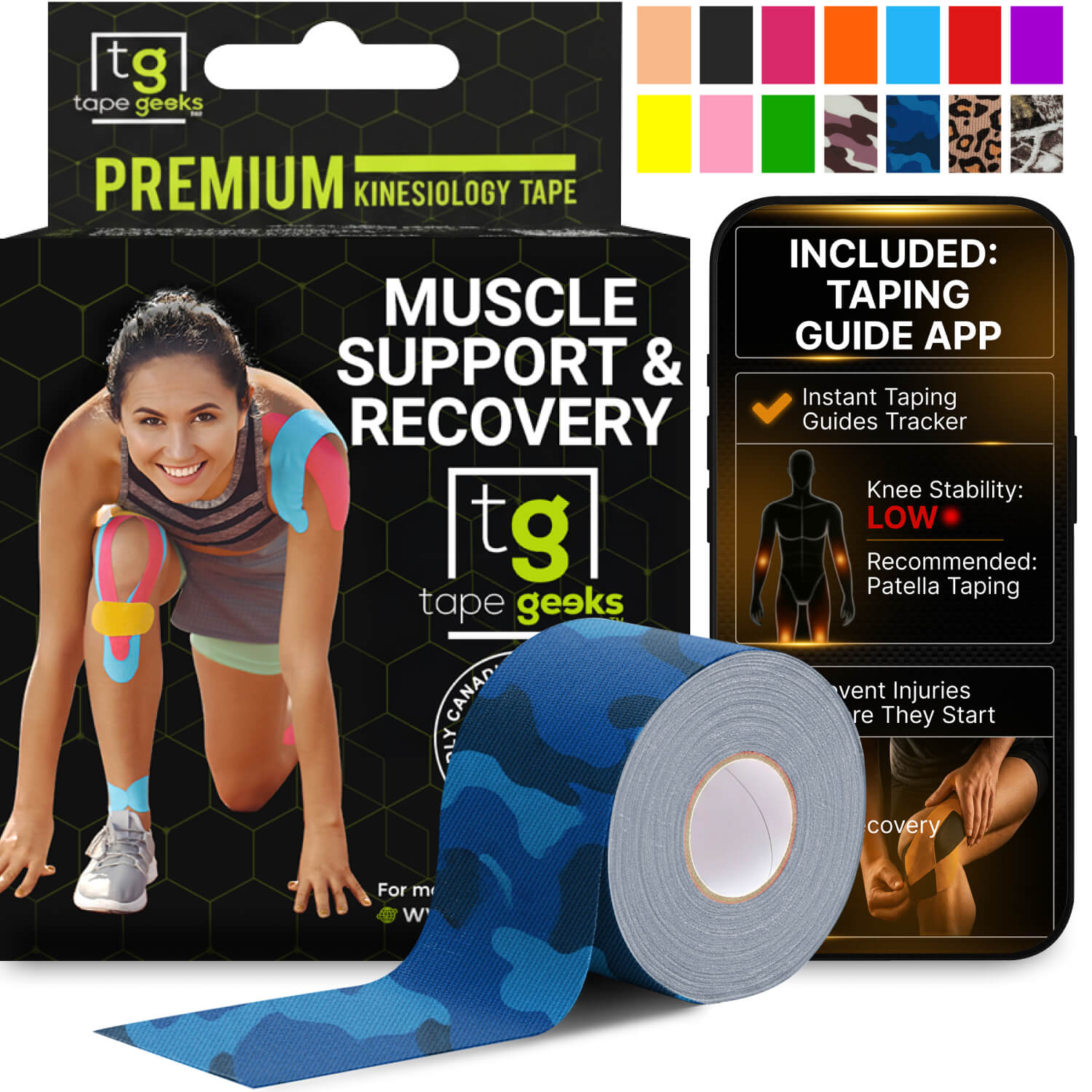 TapeGeeks 2-inch blue camouflage kinesiology tape roll providing flexible muscle support, joint stability, pain relief, and faster recovery for running, weightlifting, CrossFit, and sports training.
