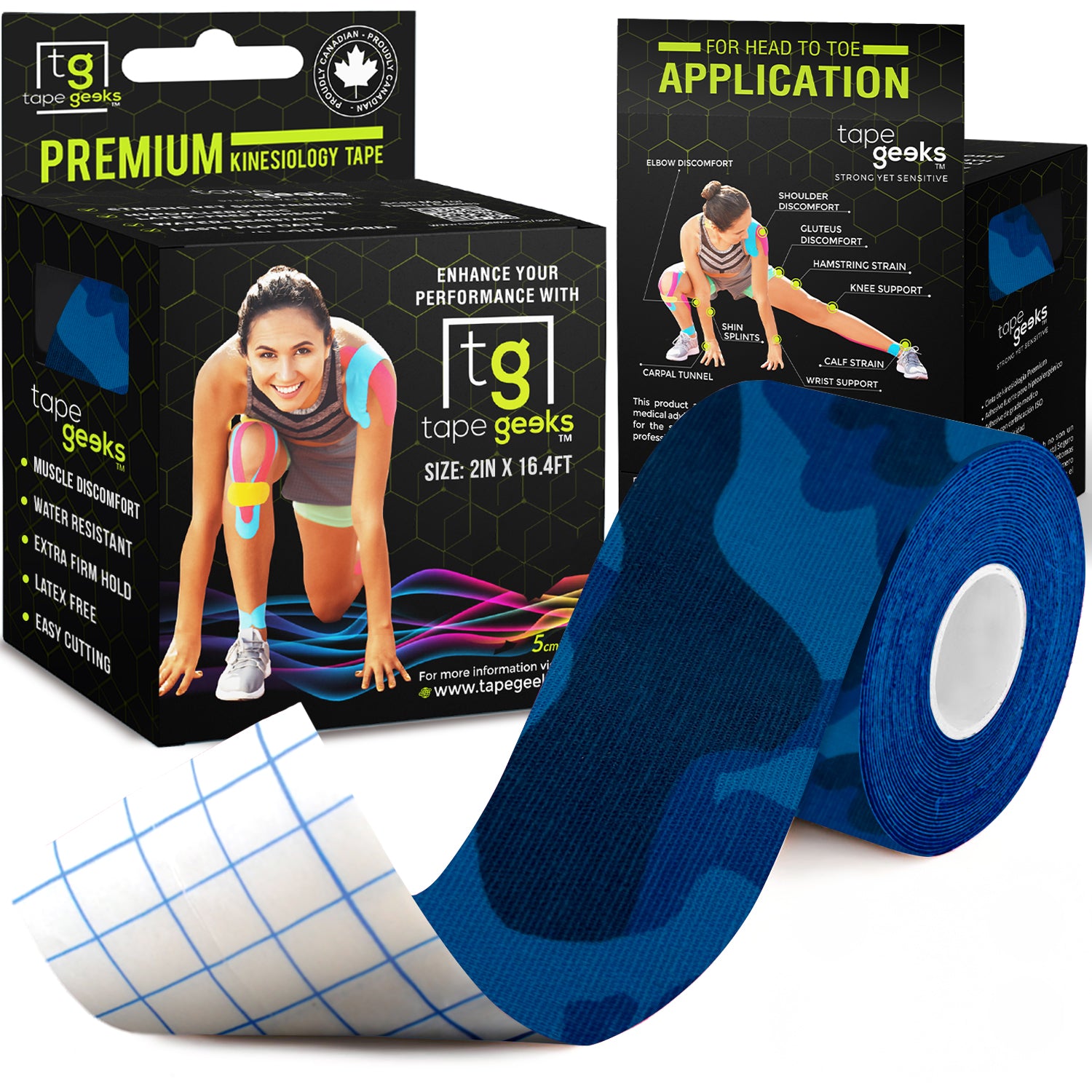 Blue camo TapeGeeks kinesiology tape roll pictured with box, providing flexible athletic support for running, weightlifting, swimming, and more.
