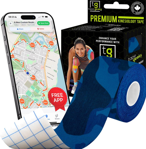 Blue camo TapeGeeks kinesiology tape roll pictured with box, providing flexible athletic support for running, weightlifting, swimming, and more.