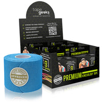 Blue TapeGeeks kinesiology tape roll delivers water-resistant, flexible support for athletic activities.