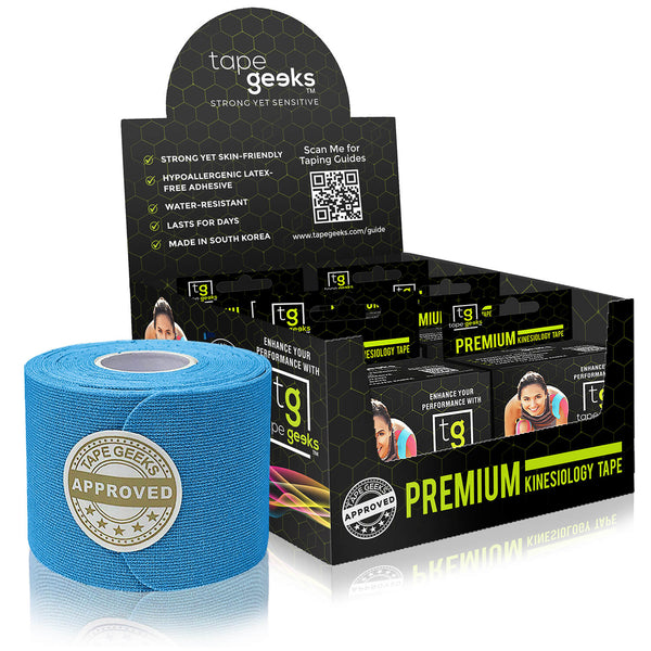 Blue TapeGeeks kinesiology tape roll delivers water-resistant, flexible support for athletic activities.