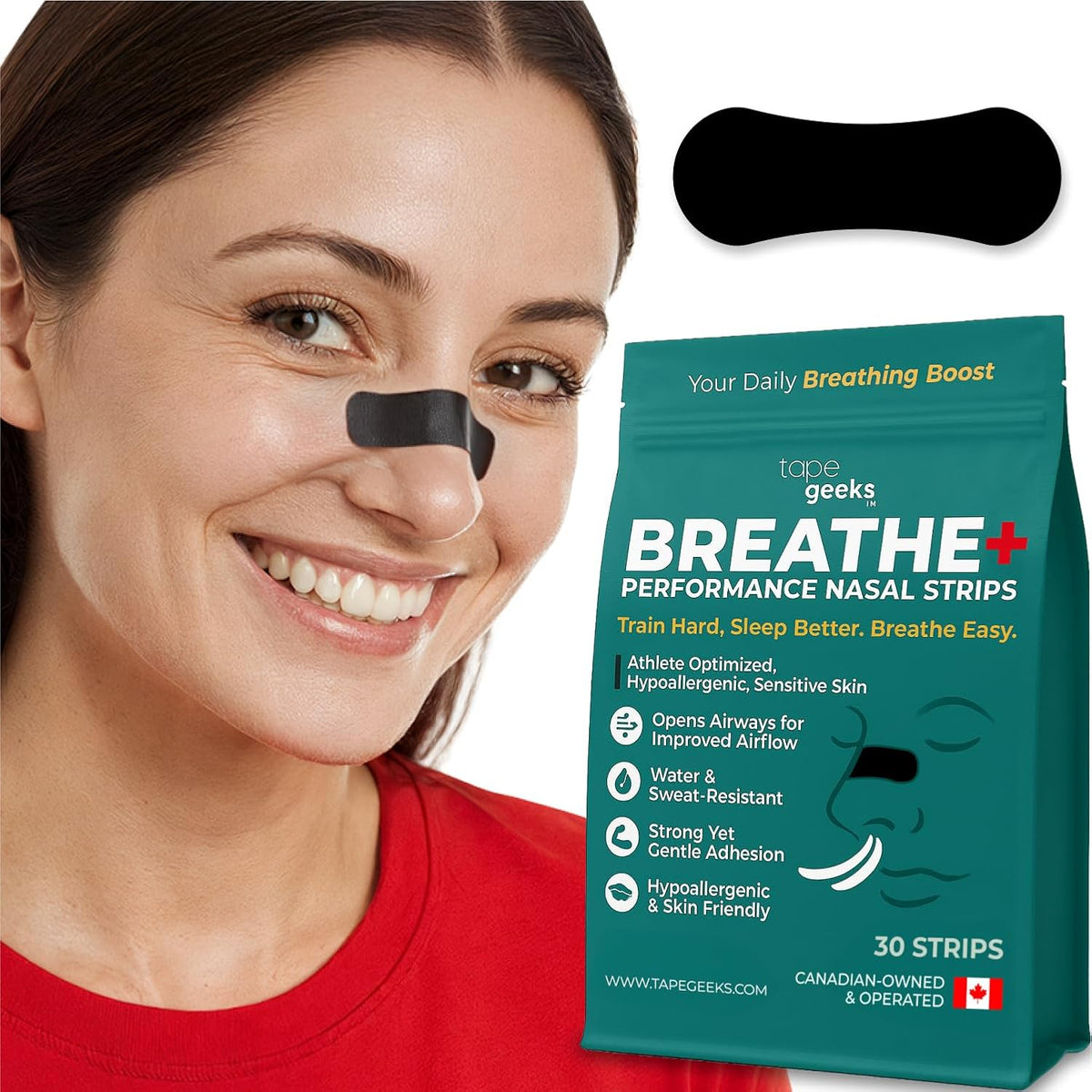 A woman wearing a black TapeGeeks performance nasal strip to support easier breathing, reduce snoring, and improve airflow, alongside the Breathe+ adult strip packaging.

