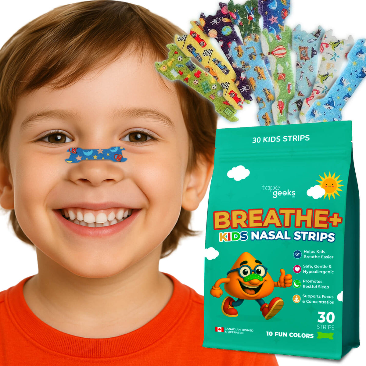 Smiling child wearing colorful  Breathe+ Kids Nasal Strips with TapeGeeks kids nasal strips pack and multiple fun designs

