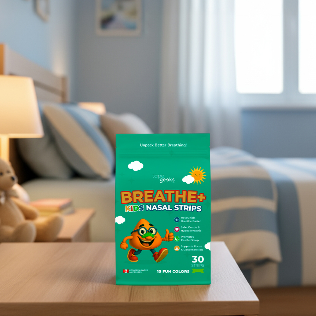 TapeGeeks Breathe+ Kids Nasal Strips 30-count package on a bedside table in a child's bedroom