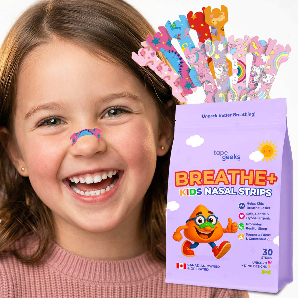 Child wearing unicorn nasal strip with TapeGeeks Breathe+ Kids Nasal Strips packaging for easier breathing
