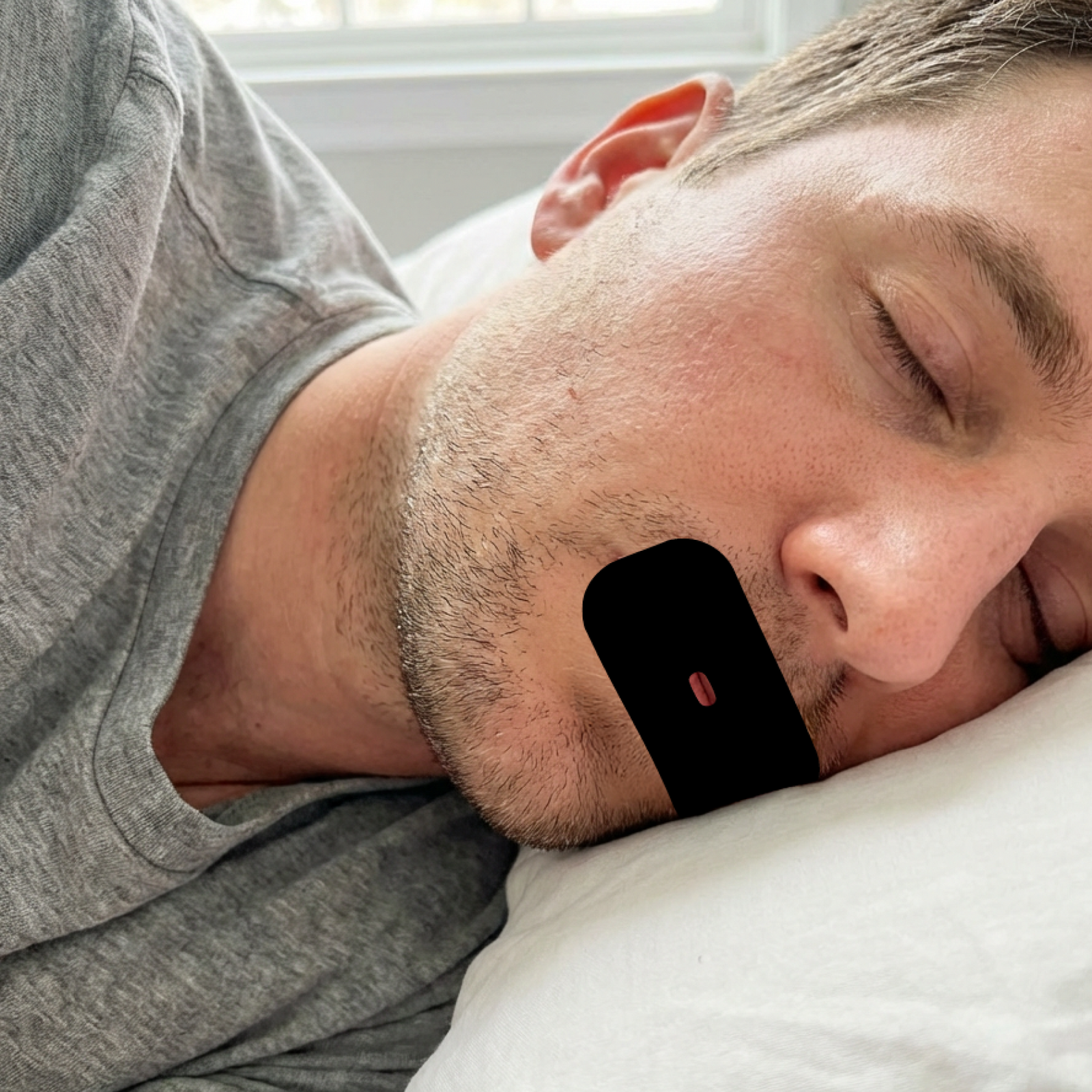 Close-up of a man sleeping on his side wearing Breathe+ Mouth Tape with visible breathing hole, showing comfortable overnight wear for snoring relief and better nasal breathing