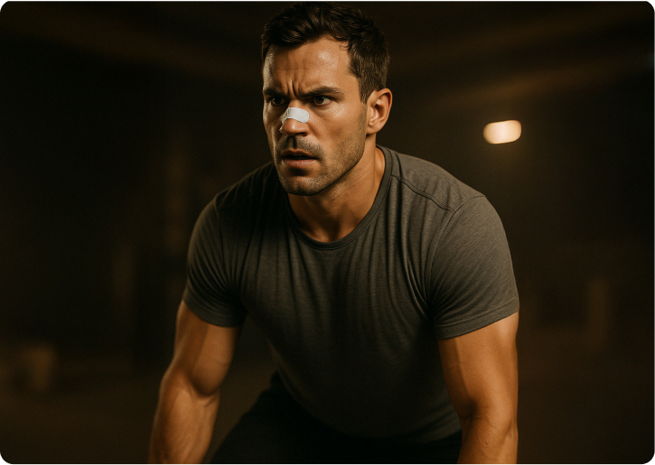 Athlete wearing Breathe+ Nasal Strip during training for improved airflow and performance