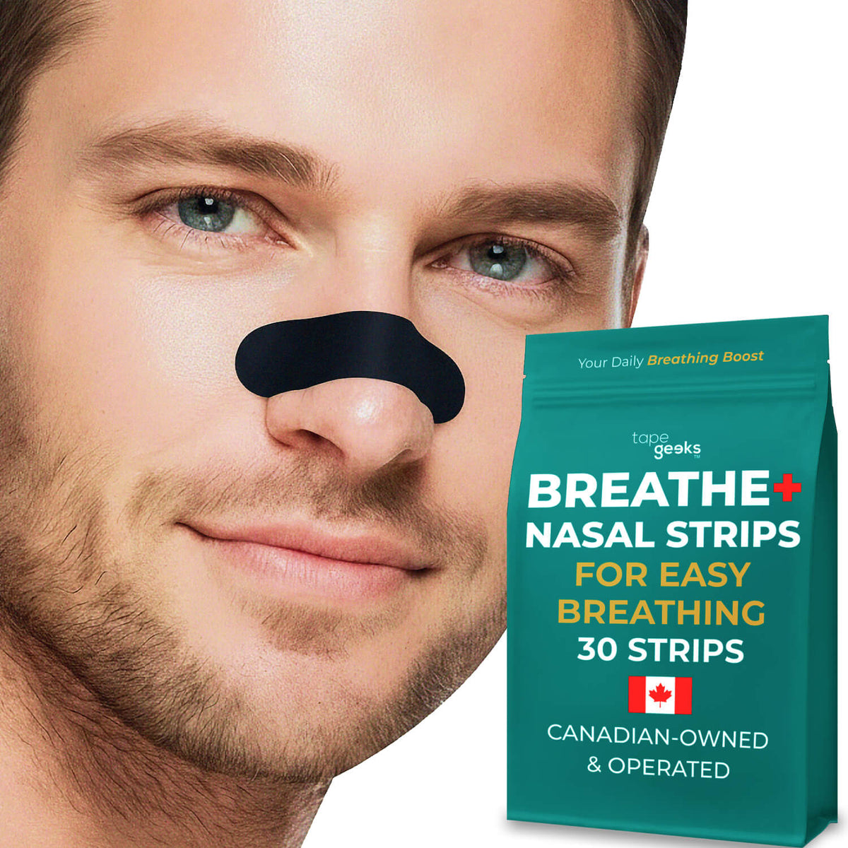 Man wearing nasal strip with TapeGeeks Breathe Plus nasal strips packaging for improved breathing and sleep
